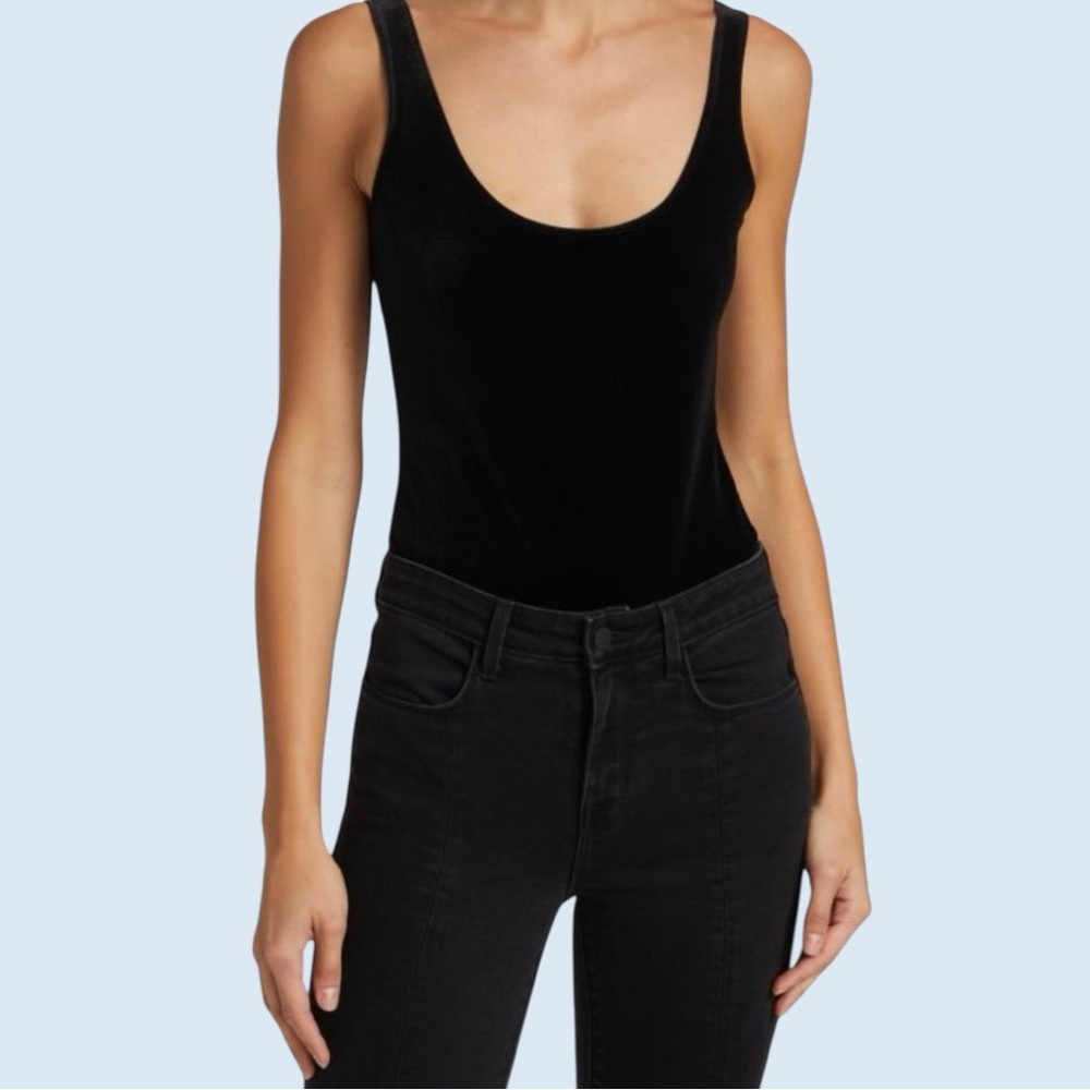 L'AGENCE JOELLE VELVET Black Sleeveless Fitted Bodysuit
